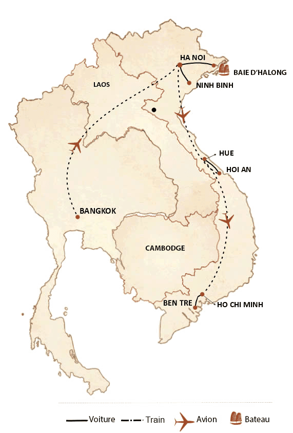 carte du circuit Mosaïque de paysages du Thaïlande Vietnam en 2 semaines