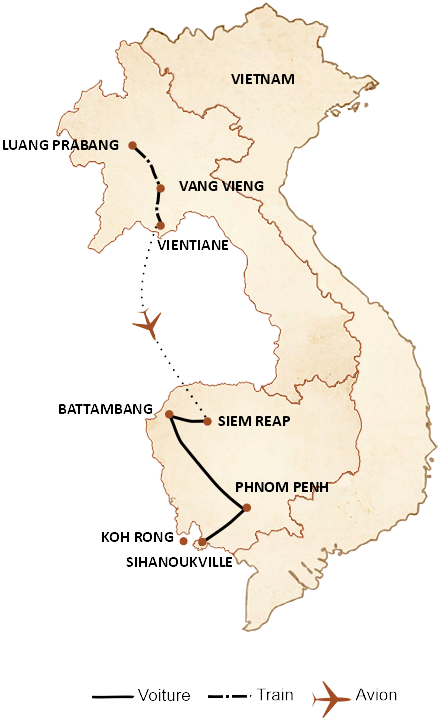 carte du circuit Laos et Cambodge en 15 Jours - Les terres mystérieuses
