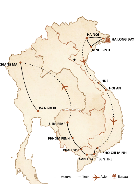carte du circuit Peinture colorée du Vietnam, Cambodge et Thaïlande en 3 semaines
