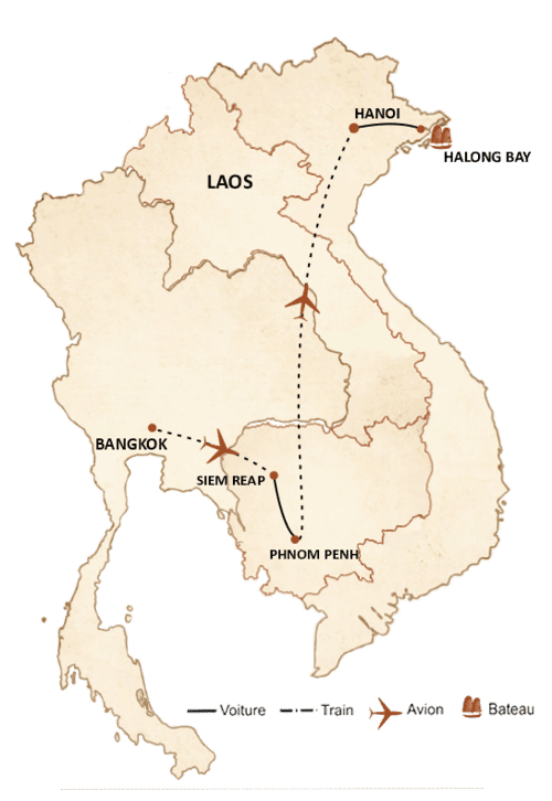 carte du circuit Les incontournables du Vietnam, Cambodge et Thaïlande en 10 jours