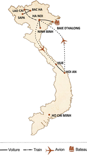 carte du circuit De la baie d’Halong à l’ancienne citée portuaire de Hoi An 14 jours